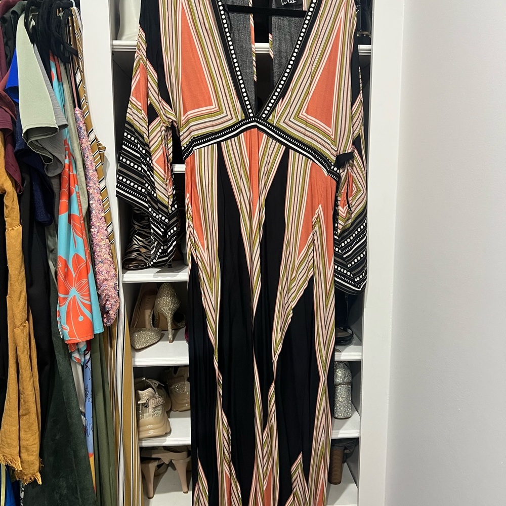 Lulu's Black and Pink Resort Gown with Plunge Neckline